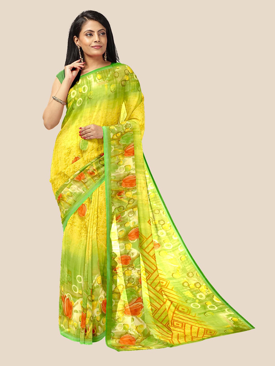 

Kalamandir Green & Yellow Floral Georgette Saree