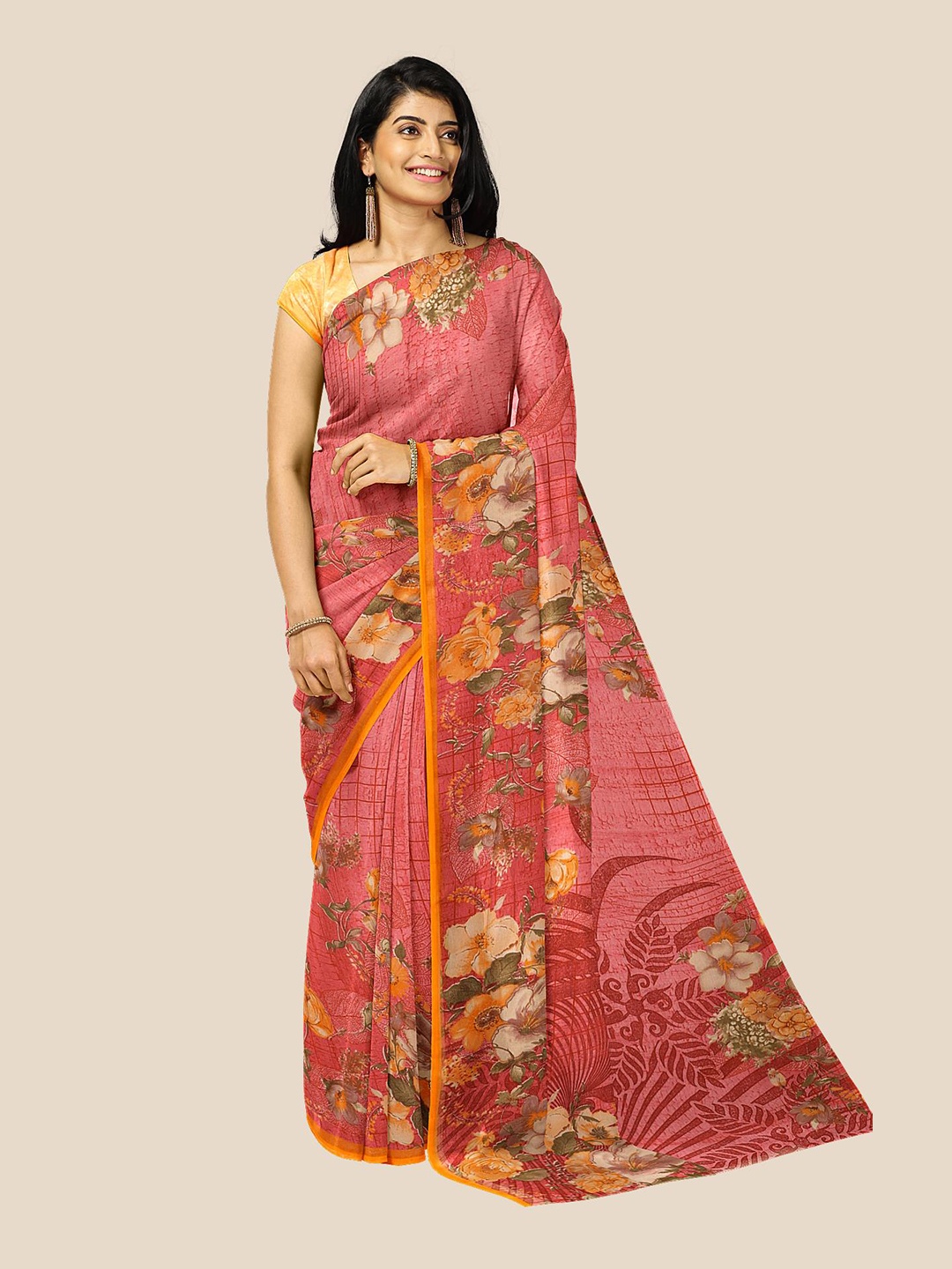 

Kalamandir Pink & Yellow Floral Pure Georgette Saree