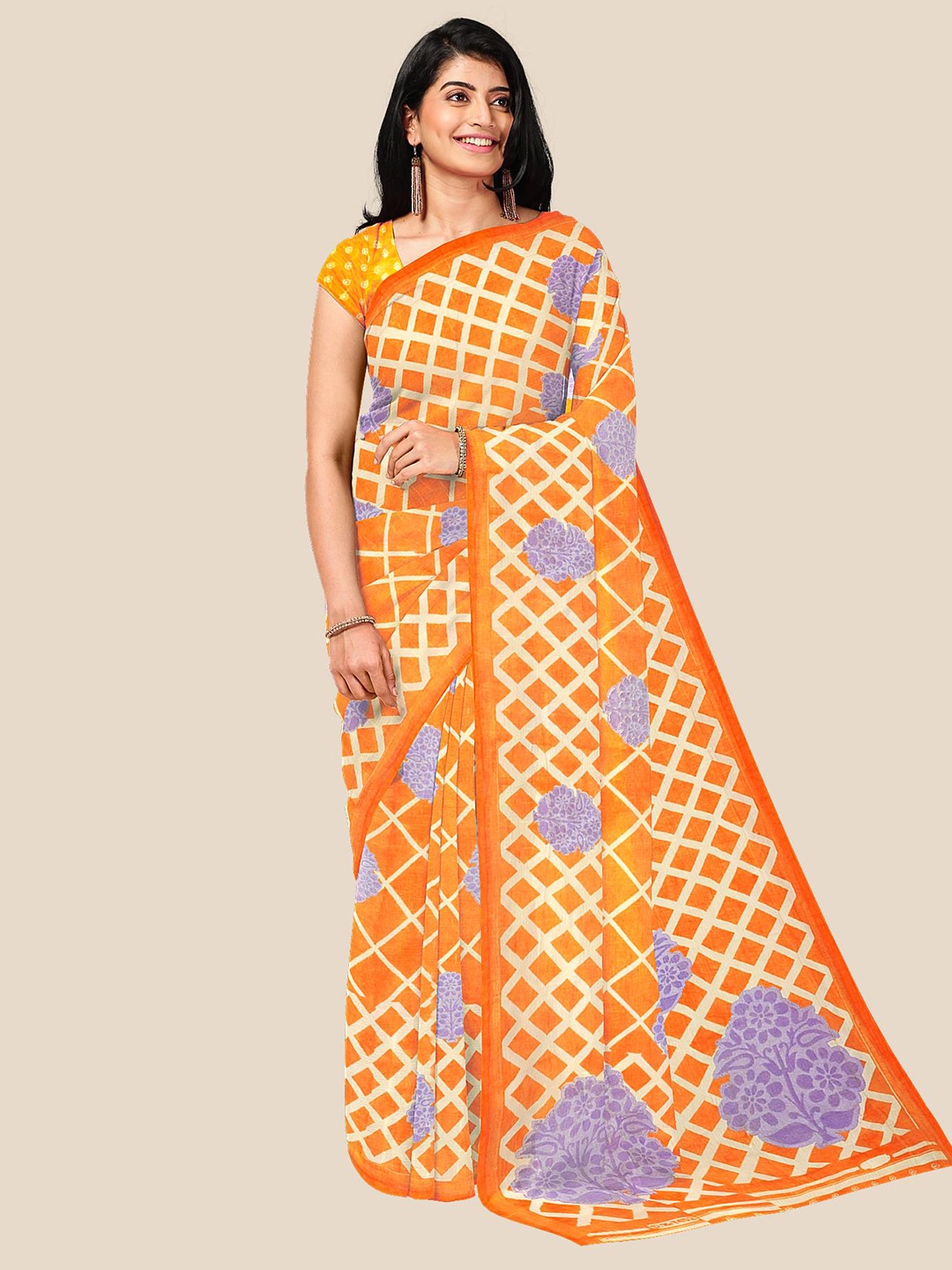 

Kalamandir Orange & Purple Checked Georgette Saree