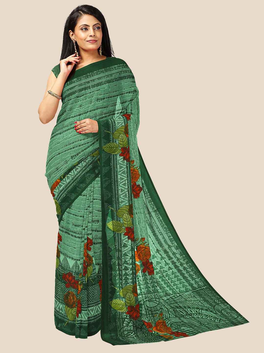 

Kalamandir Green & Red Floral Printed Saree