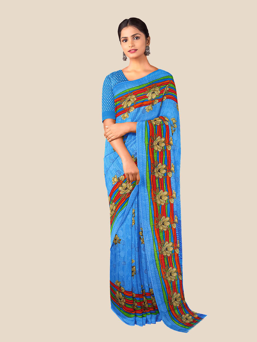 

Kalamandir Blue & Red Floral Pure Georgette Saree