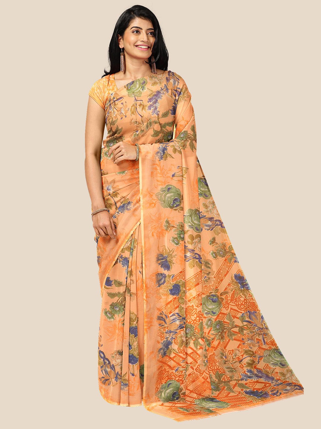 

Kalamandir Orange & Green Floral Printed Pure Georgette Saree