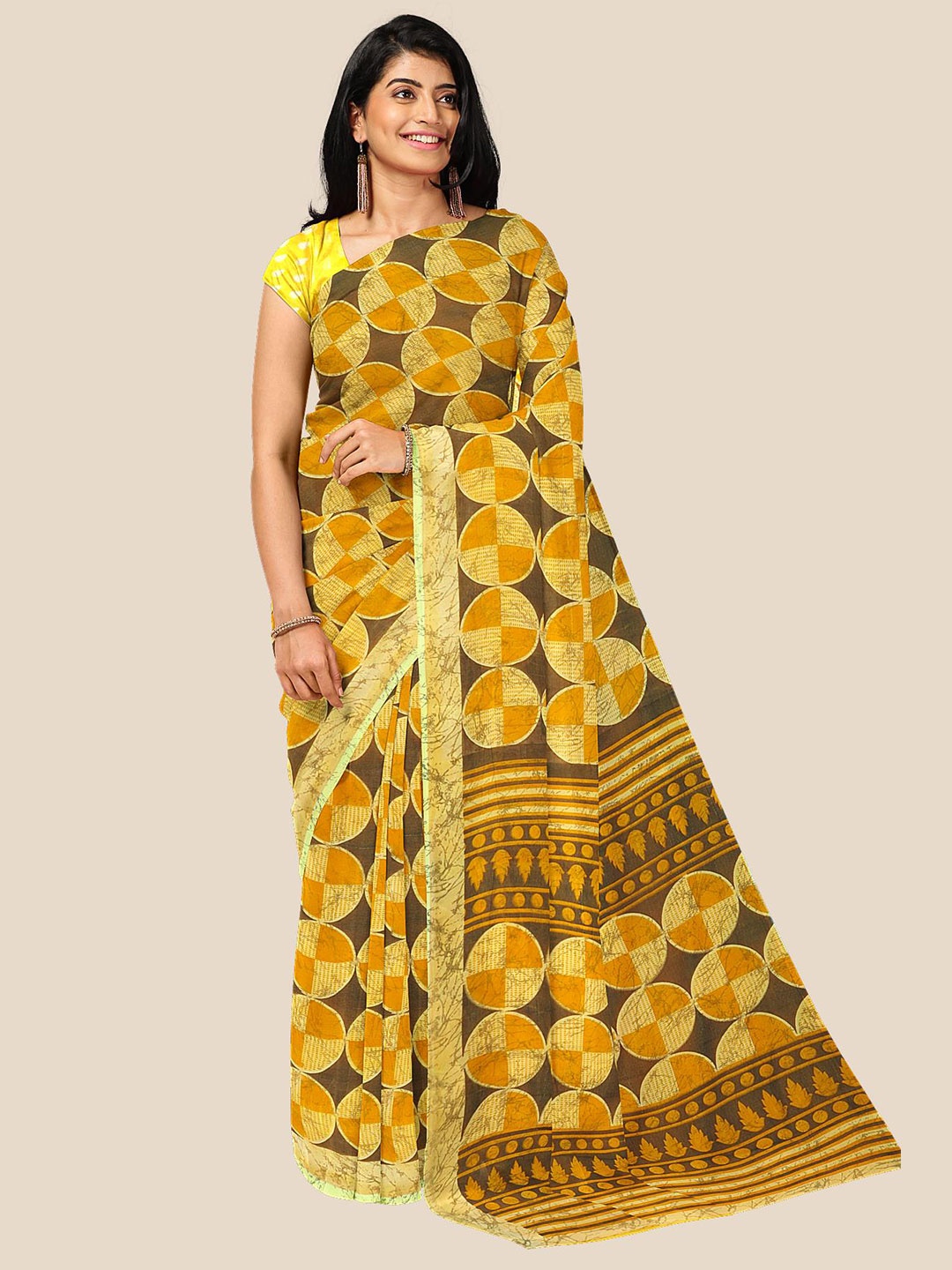 

Kalamandir Yellow & Coffee Brown Pure Georgette Saree