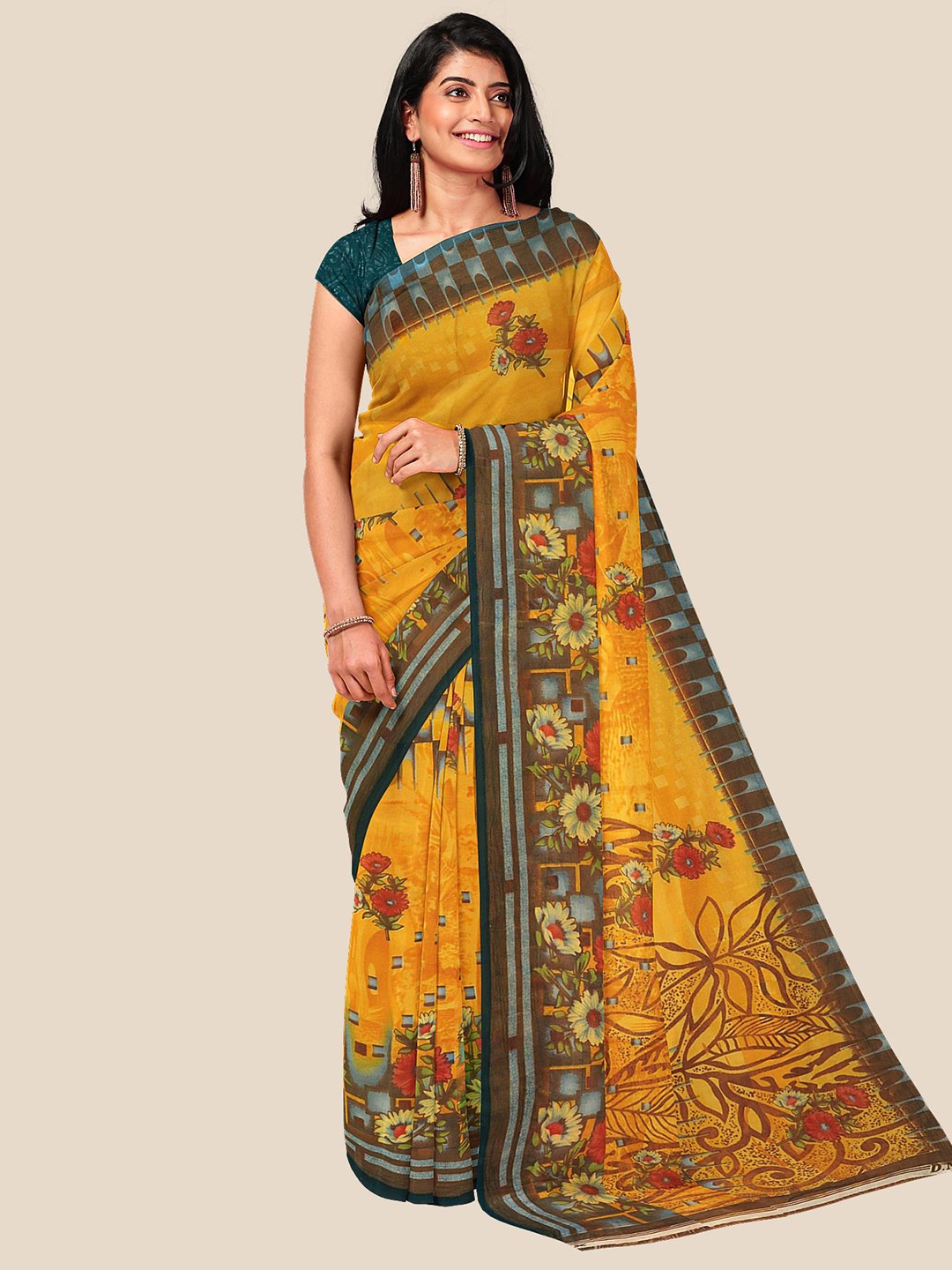 

Kalamandir Mustard Yellow & Green Floral Georgette Saree