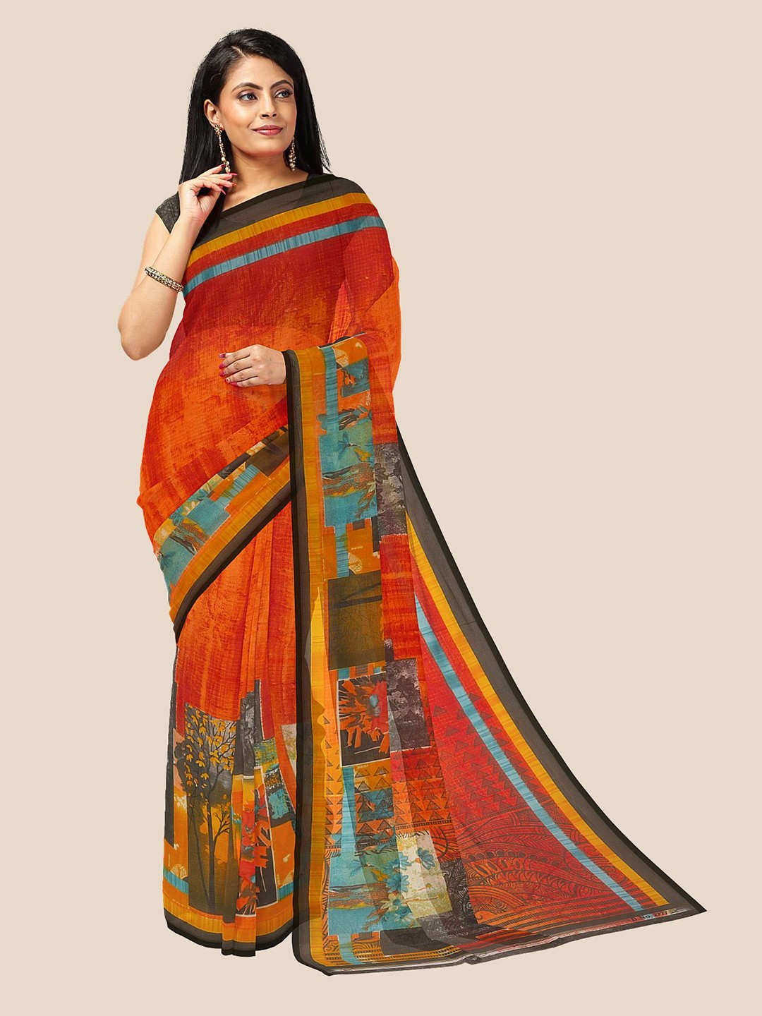 

Kalamandir Orange & Green Pure Georgette Saree