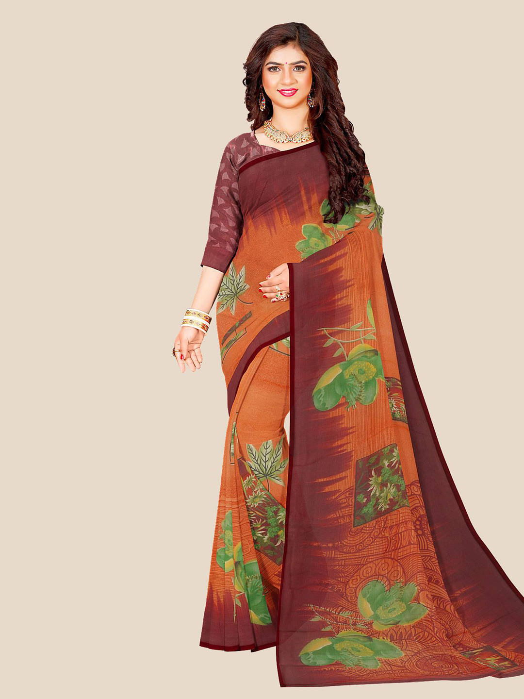 

Kalamandir Orange & Brown Floral Pure Georgette Saree