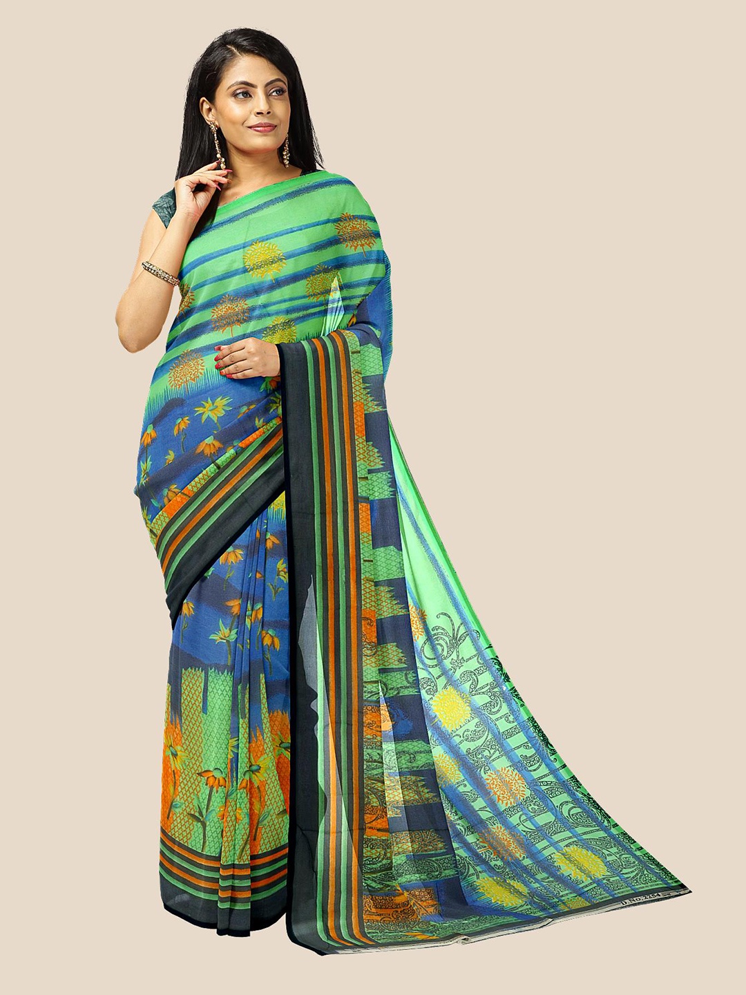 

Kalamandir Blue & Green Floral Pure Georgette Saree