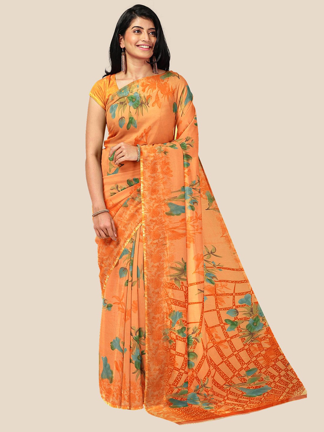 

Kalamandir Orange & Blue Floral Pure Georgette Saree