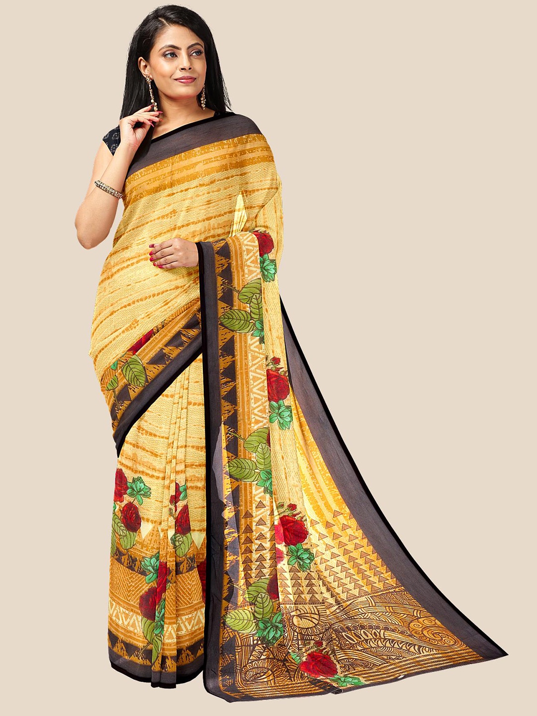 

Kalamandir Beige & Red Floral Pure Georgette Saree