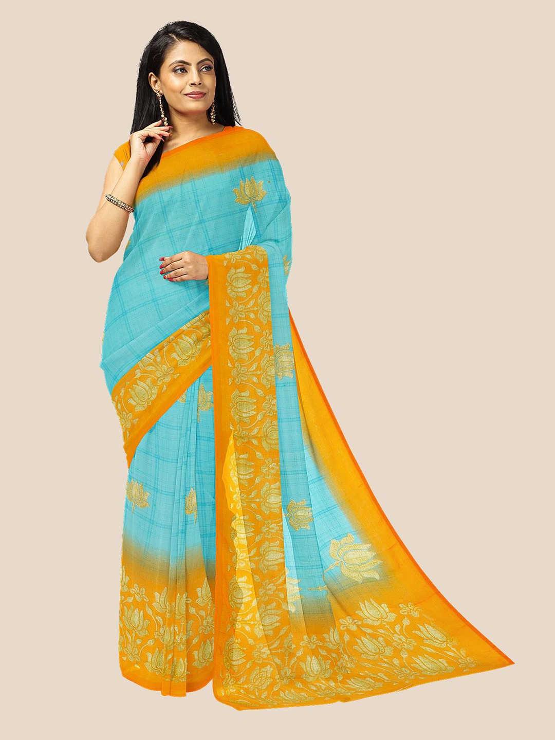 

Kalamandir Blue & Orange Floral Pure Georgette Saree