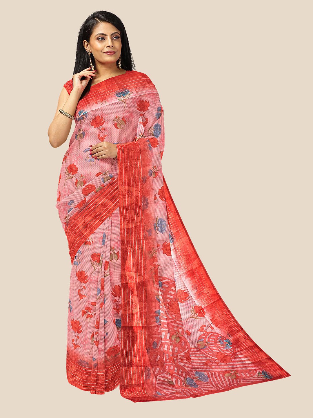 

Kalamandir Pink & Blue Floral Silk Cotton Saree