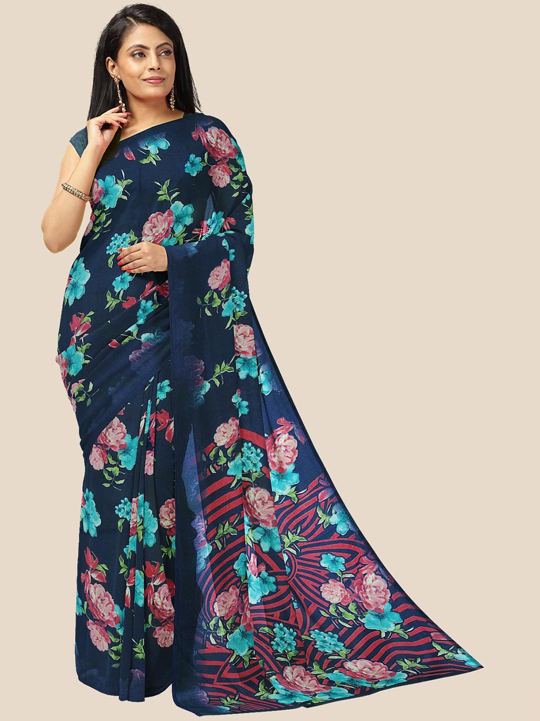 

Kalamandir Navy Blue & Purple Floral Printed Pure Georgette Saree
