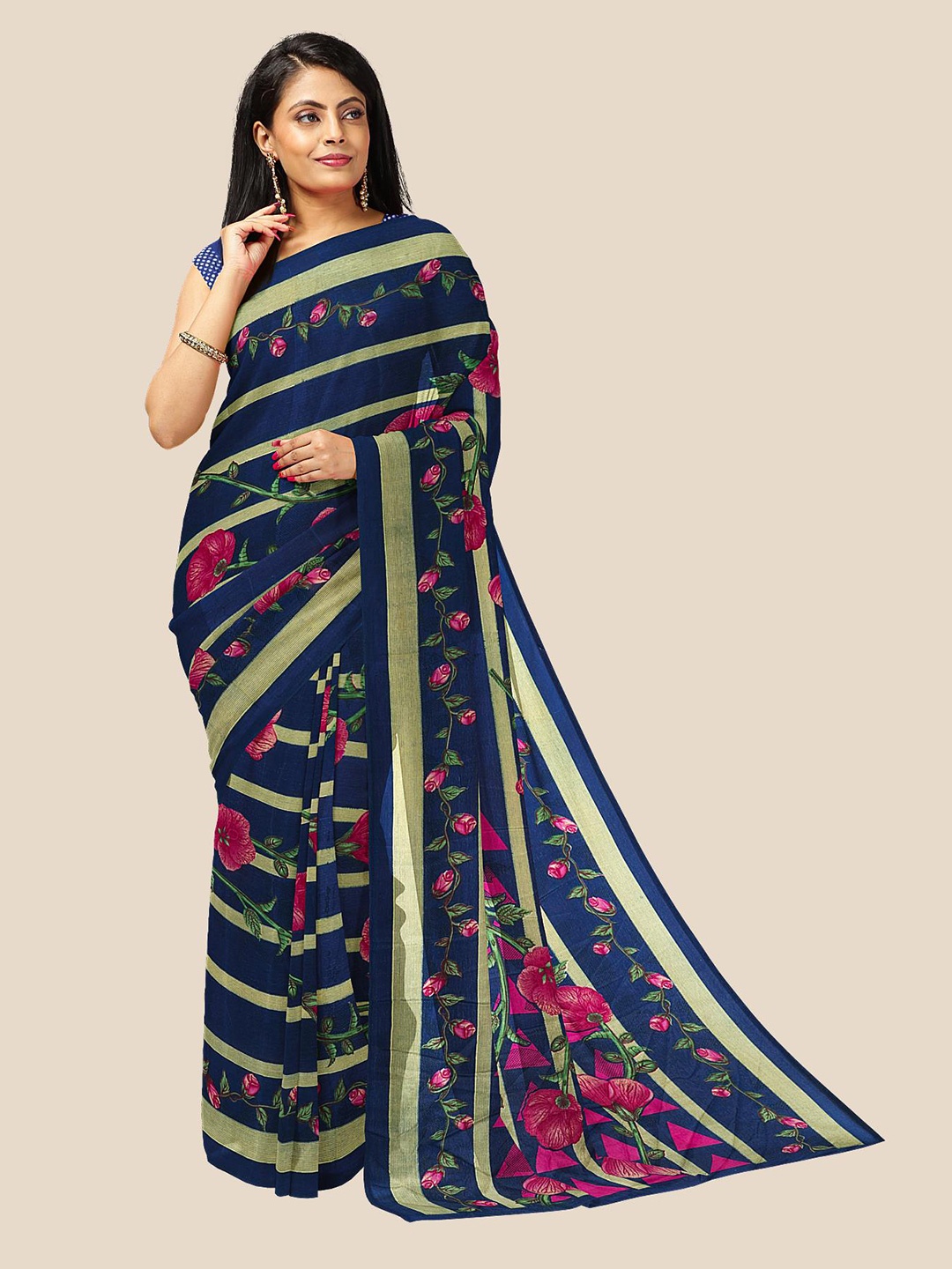 

Kalamandir Navy Blue & Fuchsia Floral Printed Pure Georgette Saree