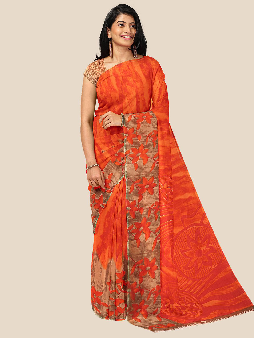 

Kalamandir Orange & Beige Floral Pure Georgette Saree