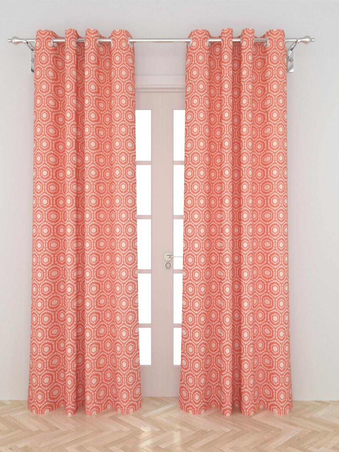 

Home Centre Peach-Coloured & Cream-Coloured Set of 2 Geometric Black Out Door Curtain