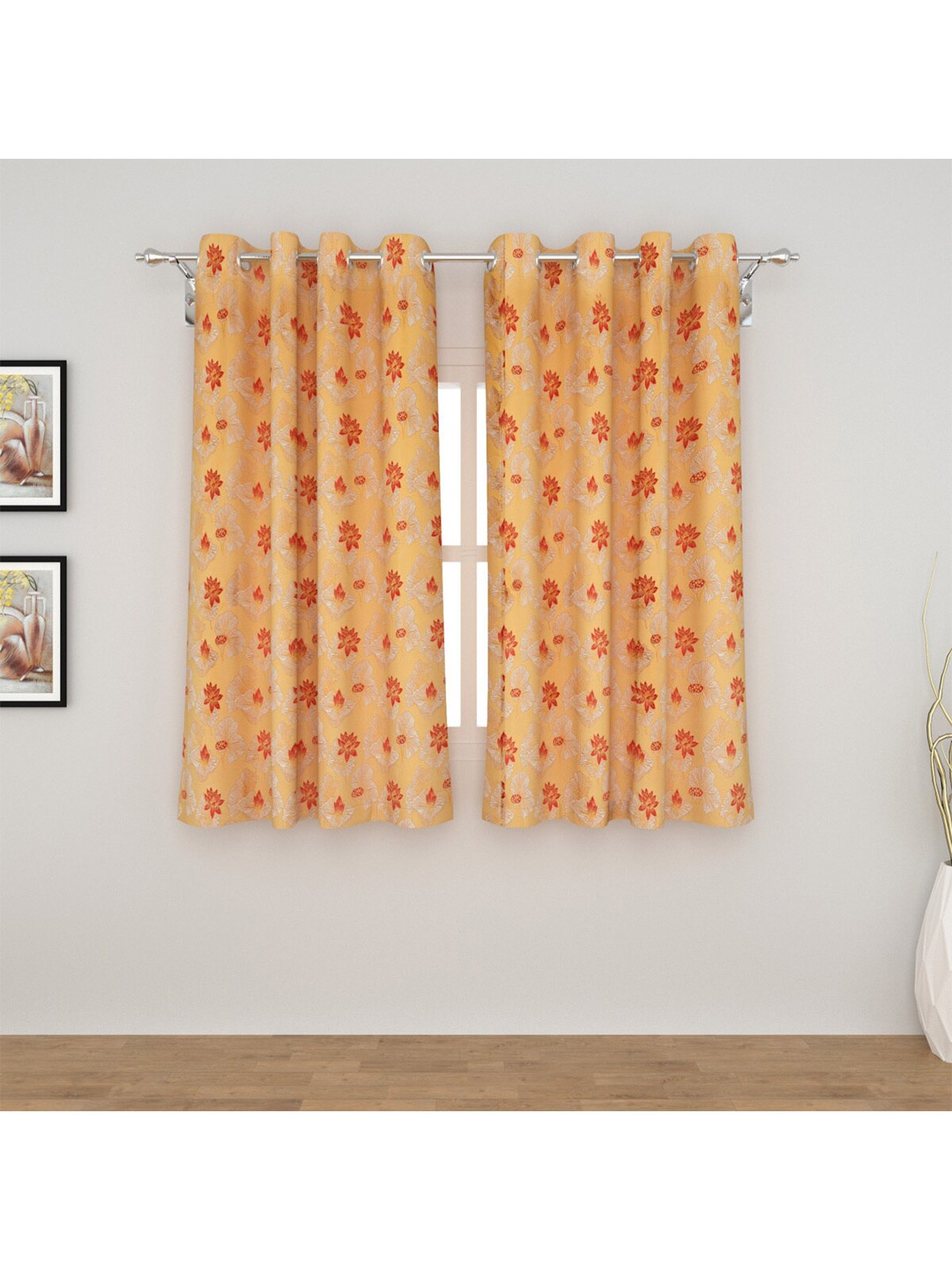 

Home CentreSet of 2 Peach-Coloured & Orange Floral Black Out Window Curtain