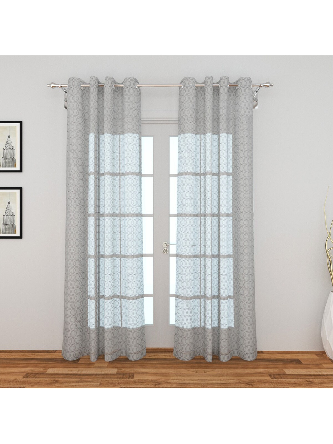 

Home Centre Set of 2 Grey & Blue Geometric Sheer Door Curtains