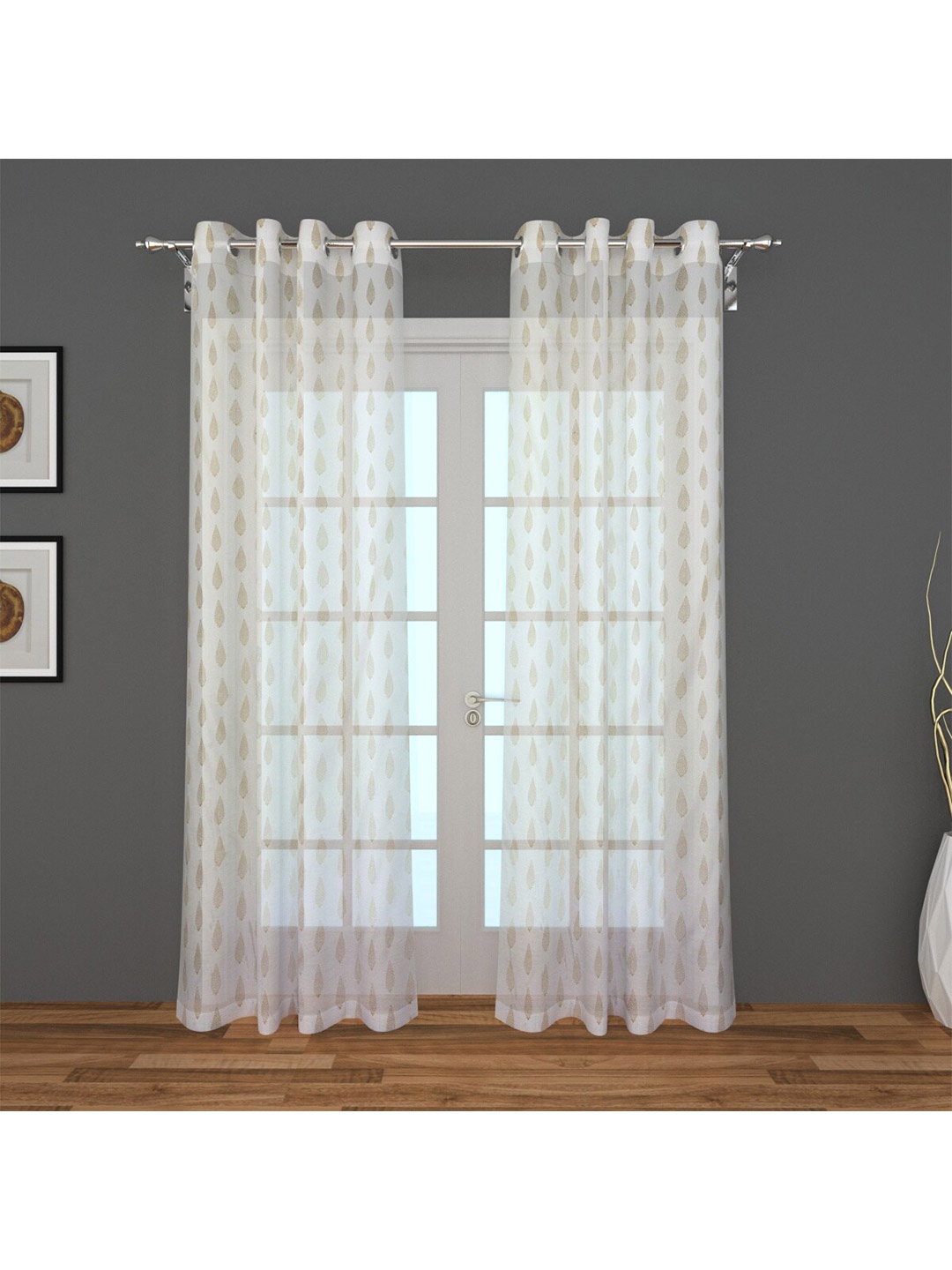 

Home Centre Set Of 2 White & Beige Geometric Printed Sheer Door Curtains