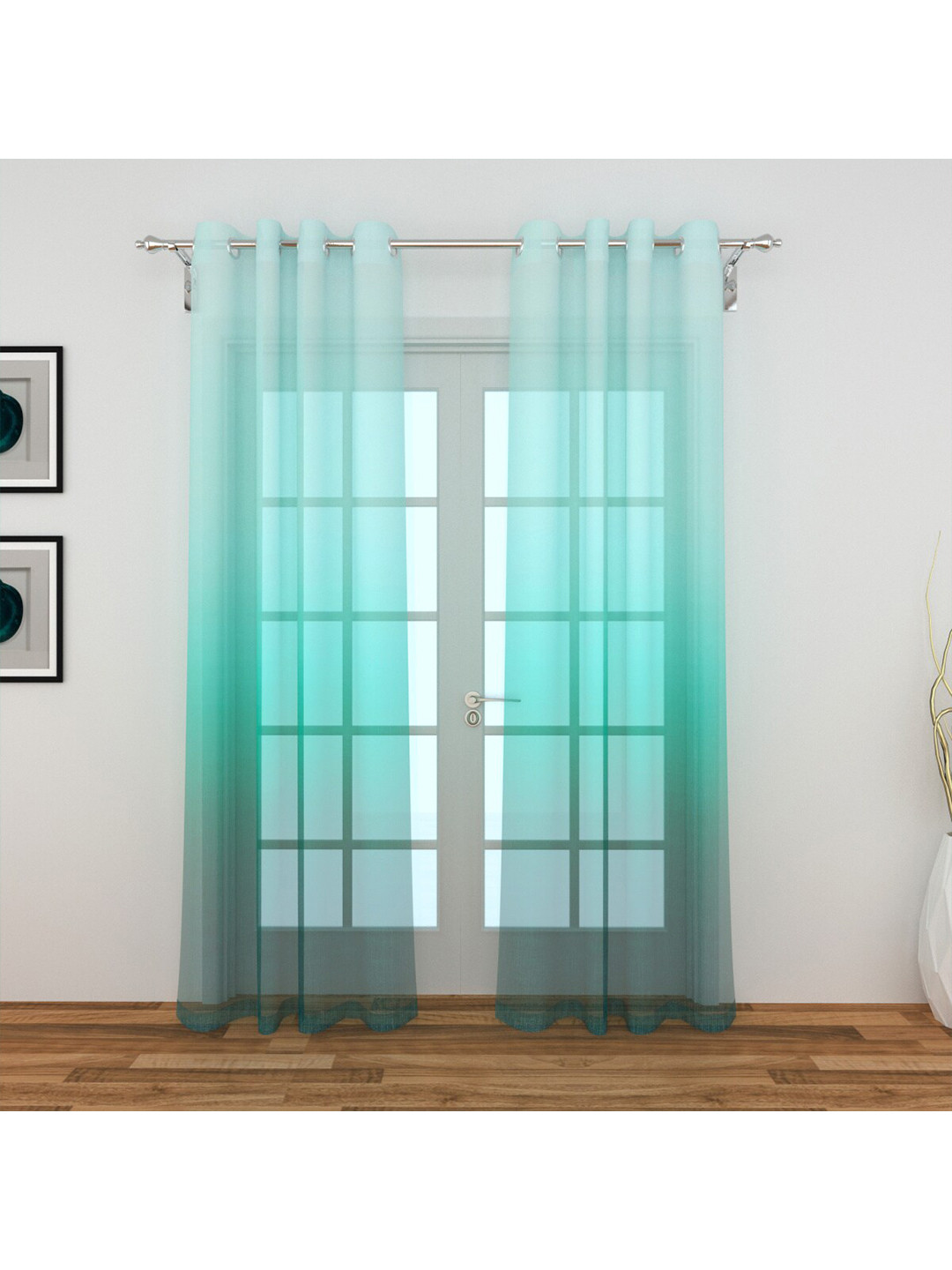 

Home Centre Set of 2 Teal Blue Geometric Sheer Door Curtains