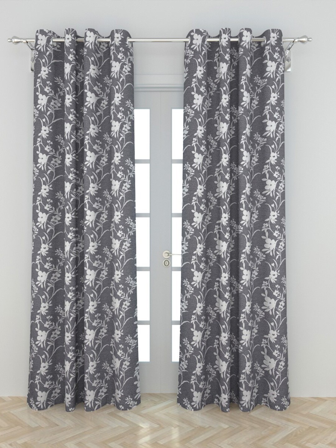 

Home Centre Grey & White Set of 2 Floral Black Out Door Curtain