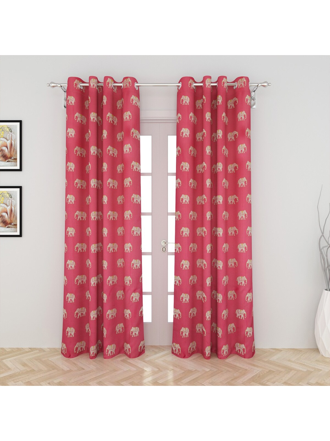 

Home Centre Set Of 2 Red & Cream Jacquard Black Out Door Curtains