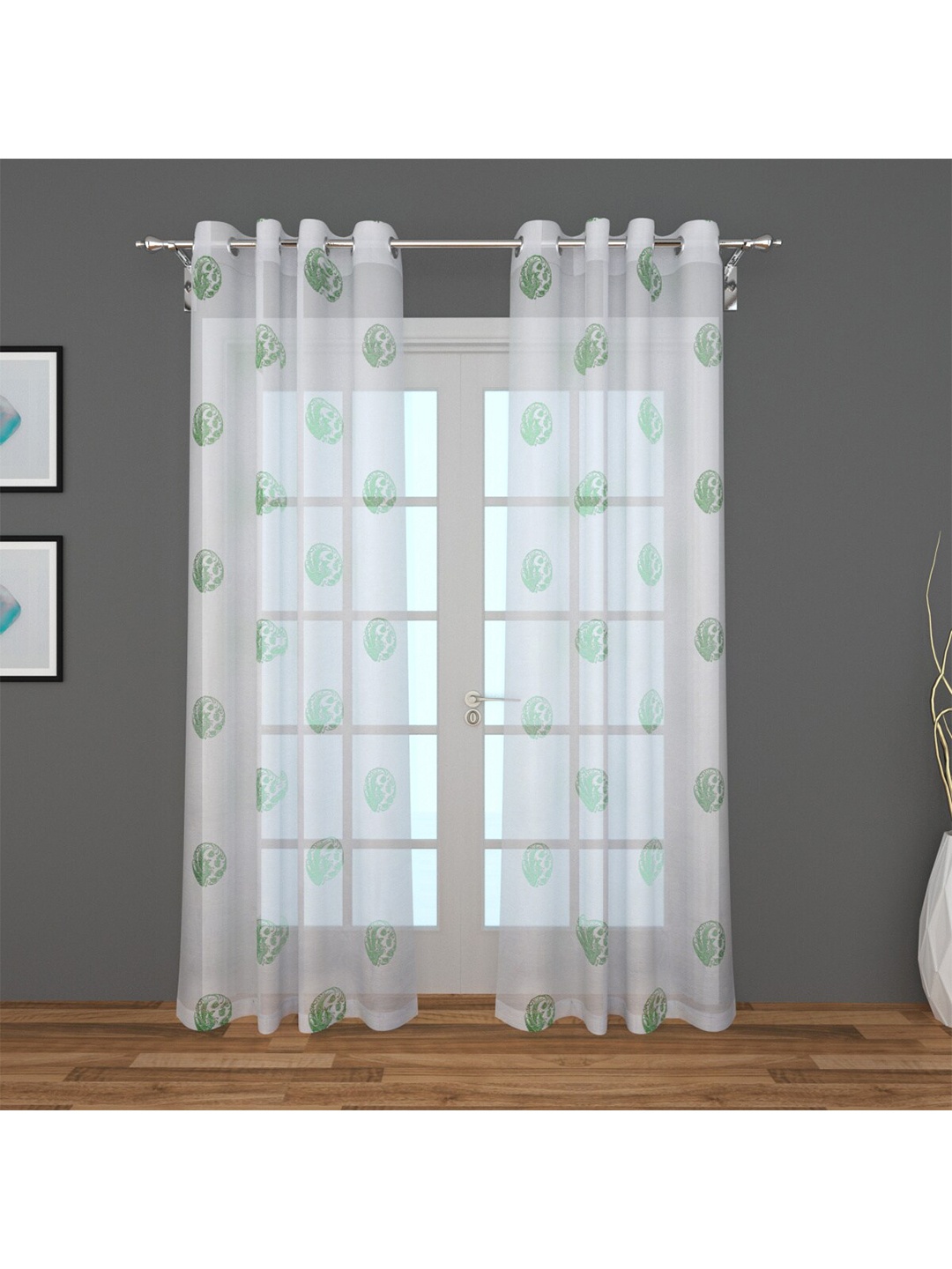 

Home Centre Green & White Set of 2 Ethnic Motifs Sheer Door Curtain