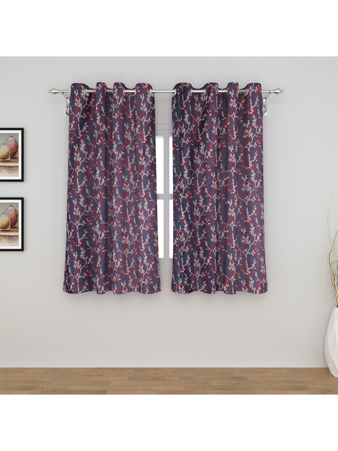 

Home Centre Set Of 2 Red & Purple Printed Black Out Window Curtains