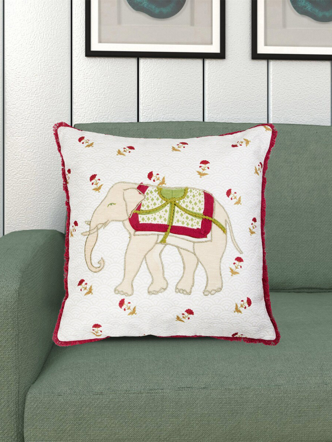 

Home Centre White & Red Ethnic Motifs Square Embroidered Cushion Covers