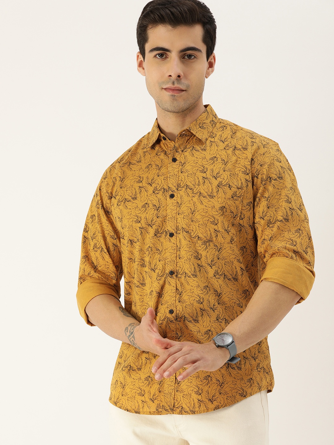 

Bene Kleed Men Mustard Yellow & Navy Blue Floral Printed Cotton Casual Shirt