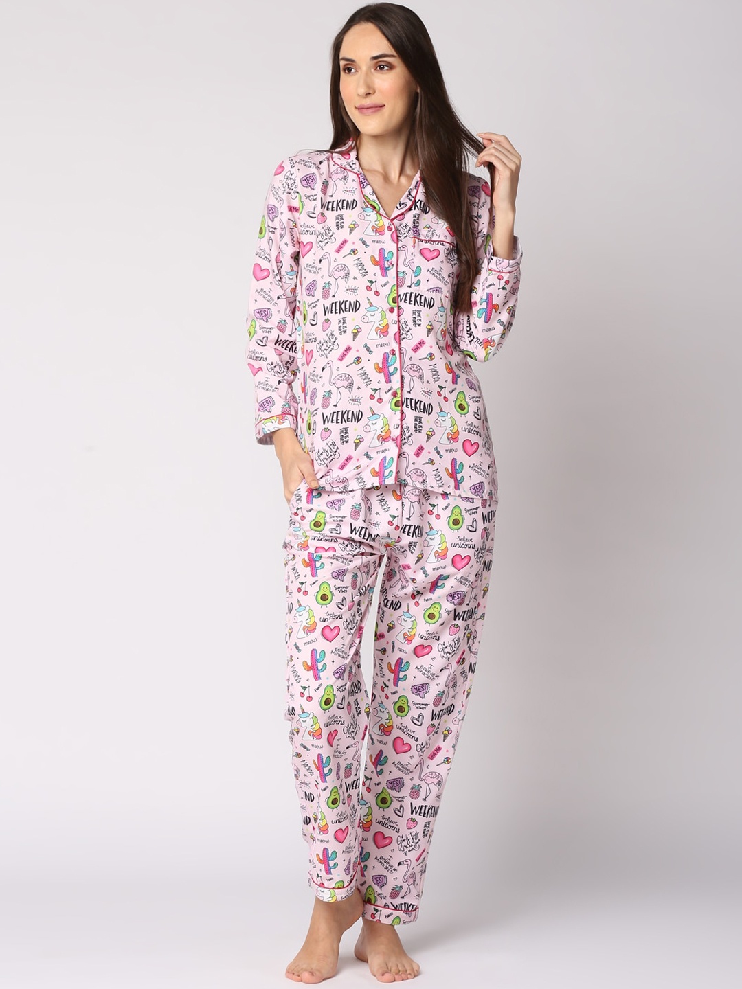 

Pyjama Party Women Pink & Green Printed Night suit