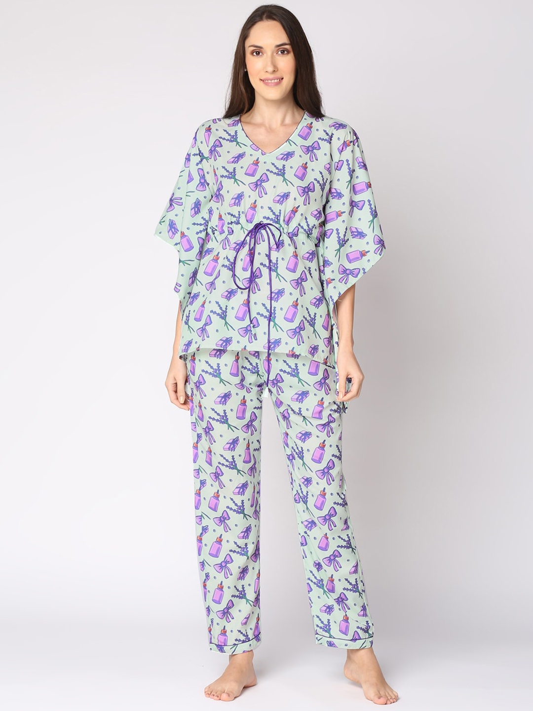 

Pyjama Party Women Green Printed Night Suits