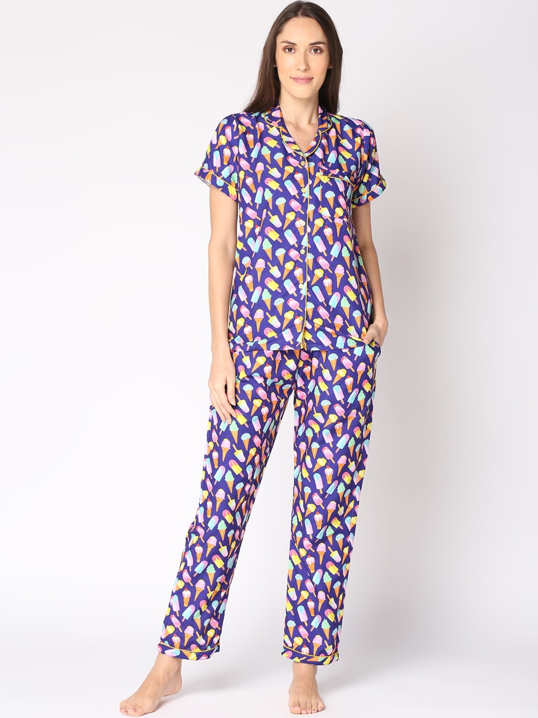 

Pyjama Party Women Navy Blue & Orange Printed Night suit