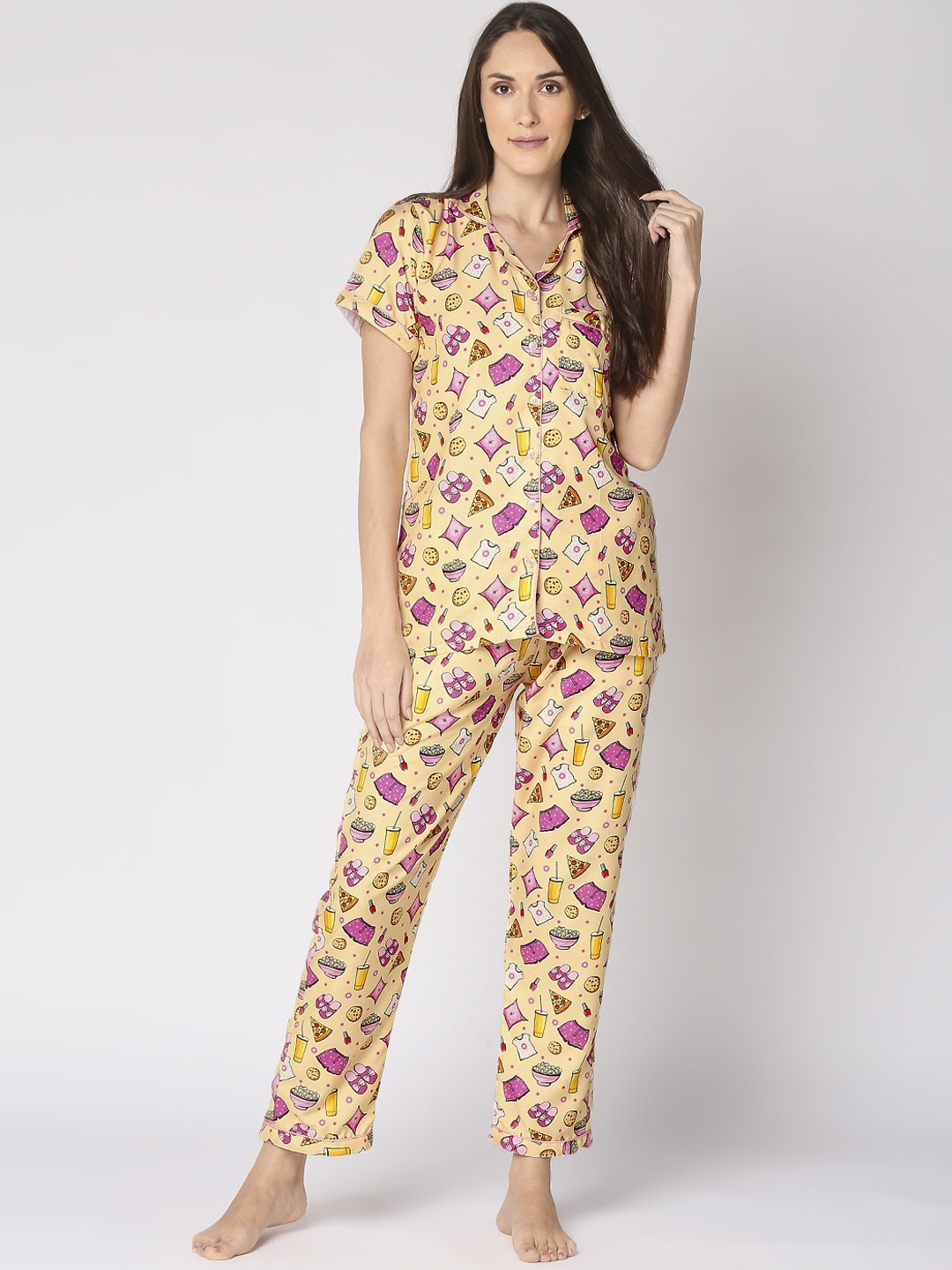 

Pyjama Party Women Yellow Printed Night Suit