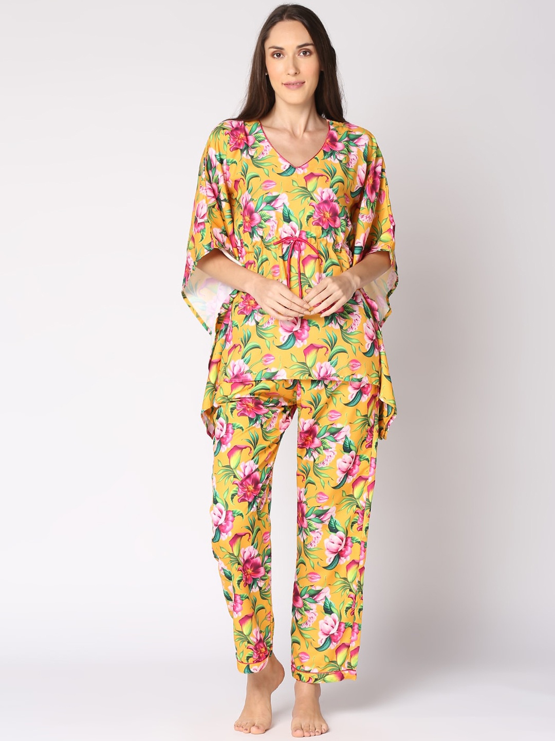 

Pyjama Party Women Yellow & Pink Printed Kaftan Night suit