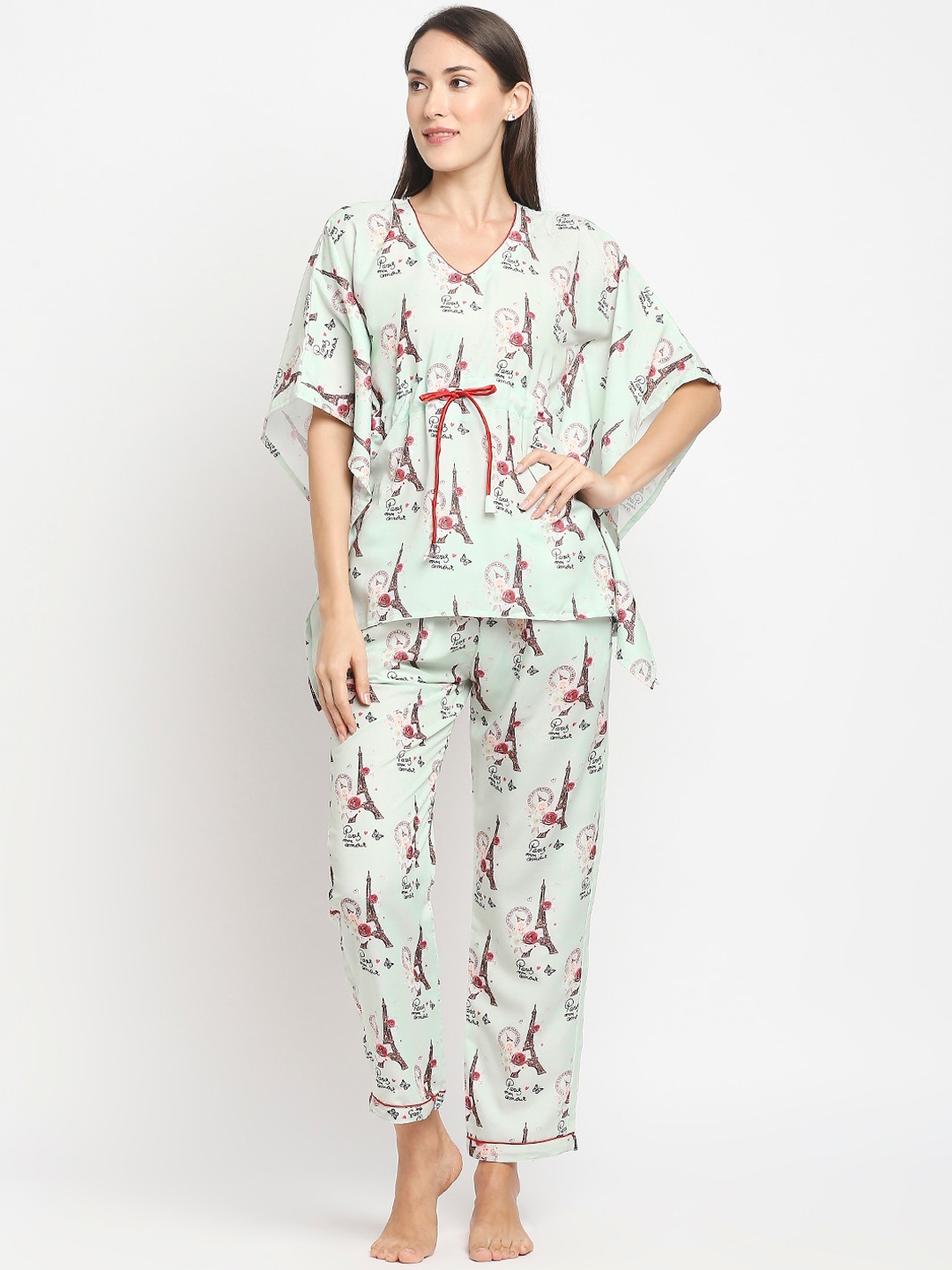 

Pyjama Party Women Green & Red Printed Night suit