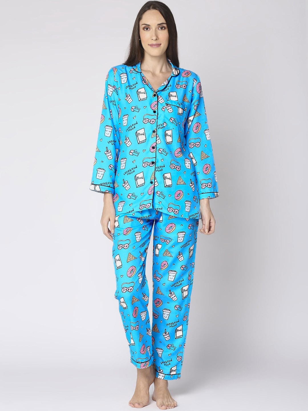 

Pyjama Party Women Blue Printed Night Suit