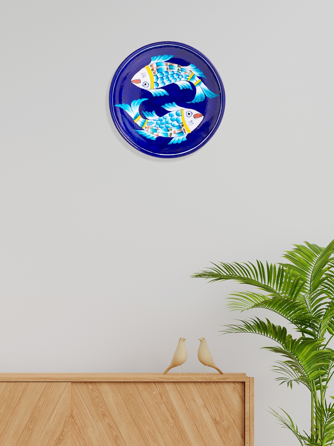 Golden Peacock Blue & White Printed Ceramic Decorative Wall Plate