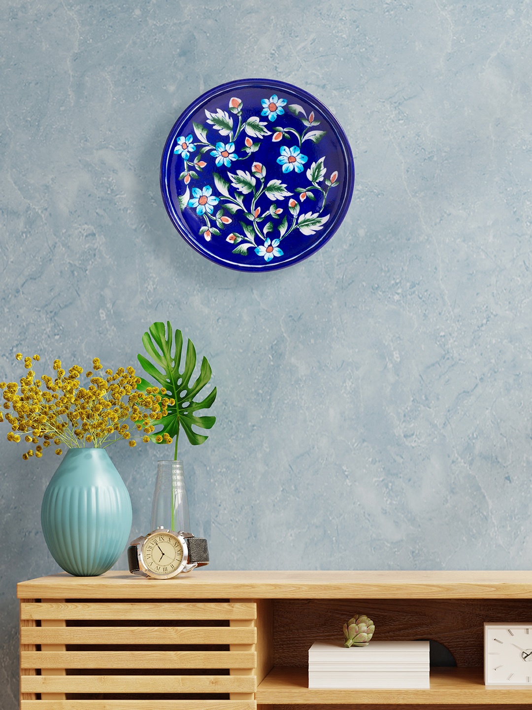 

Golden Peacock Blue Pottery Floral Design Decorative Wall Plate, Navy blue