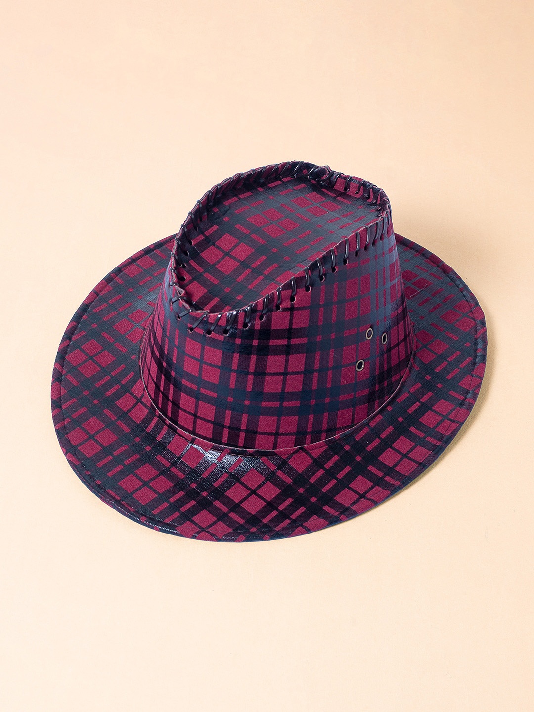 

Golden Peacock Men Maroon & Black Checked Faux Leather Cowboy Sun Hat