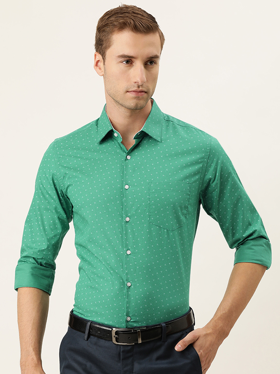 

IVOC Men Sea Green Slim Fit Printed Pure Cotton Formal Shirt