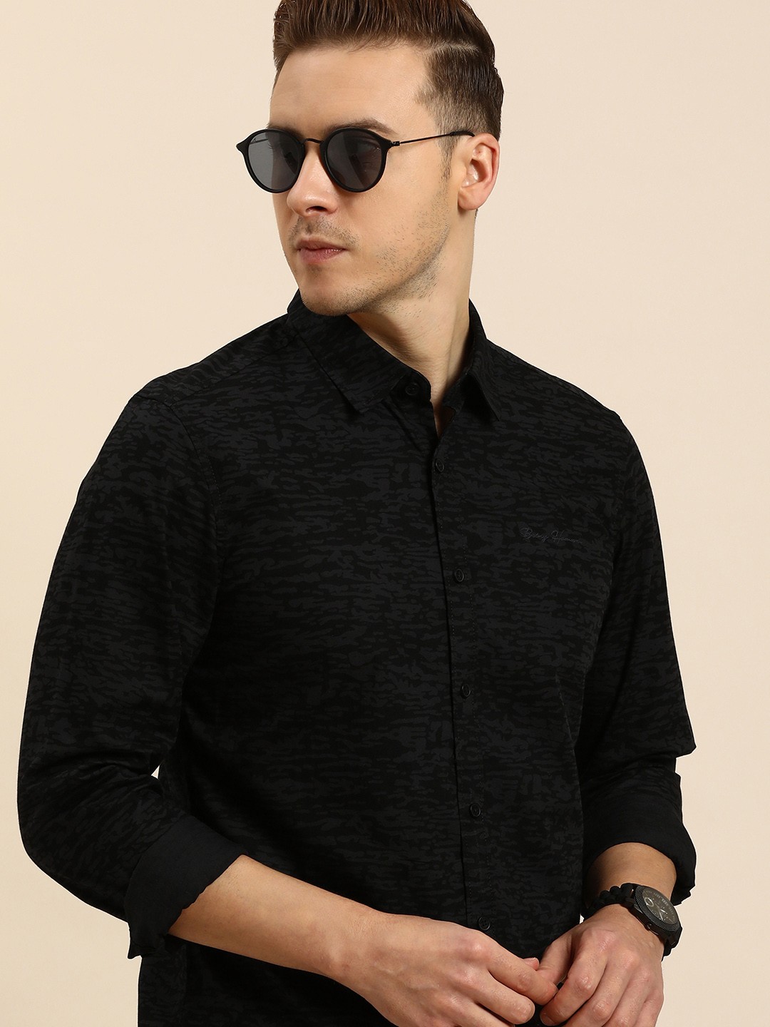 

Being Human Men Camouflage Printed Pure Cotton Casual Shirt, Black