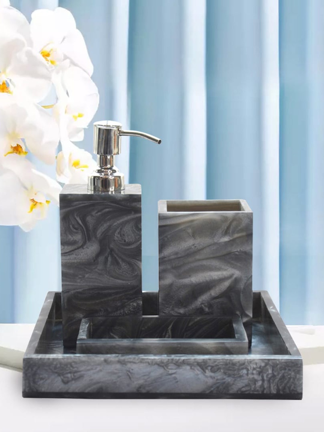 

Tranquil square Set Of 4 Marble Finish Bathroom Set, Grey