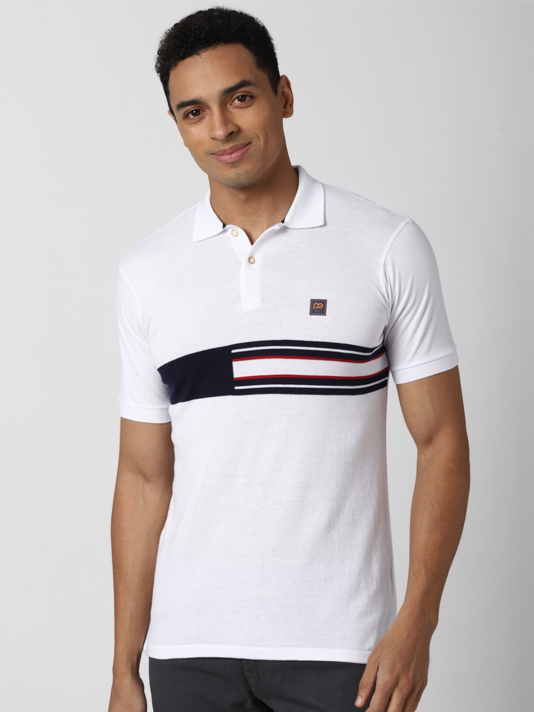 

Peter England Casuals Men White Striped Polo Collar Slim Fit T-shirt