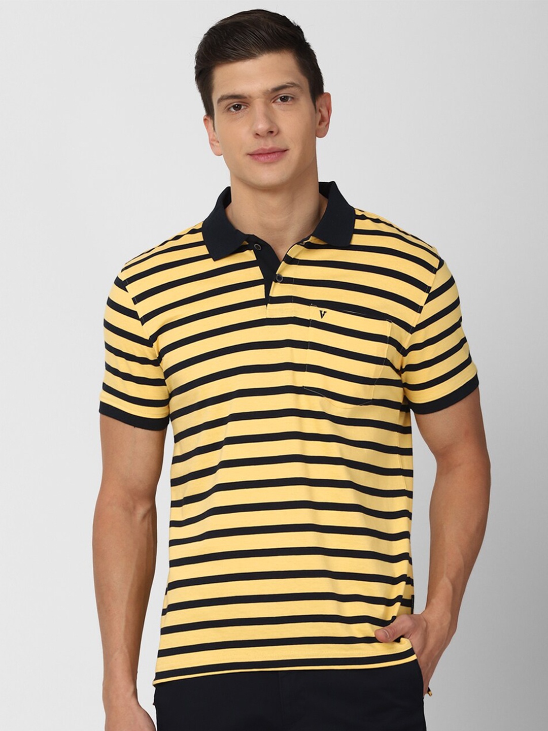 

Van Heusen Sport Men Yellow & Black Striped Cotton Polo Collar T-shirt