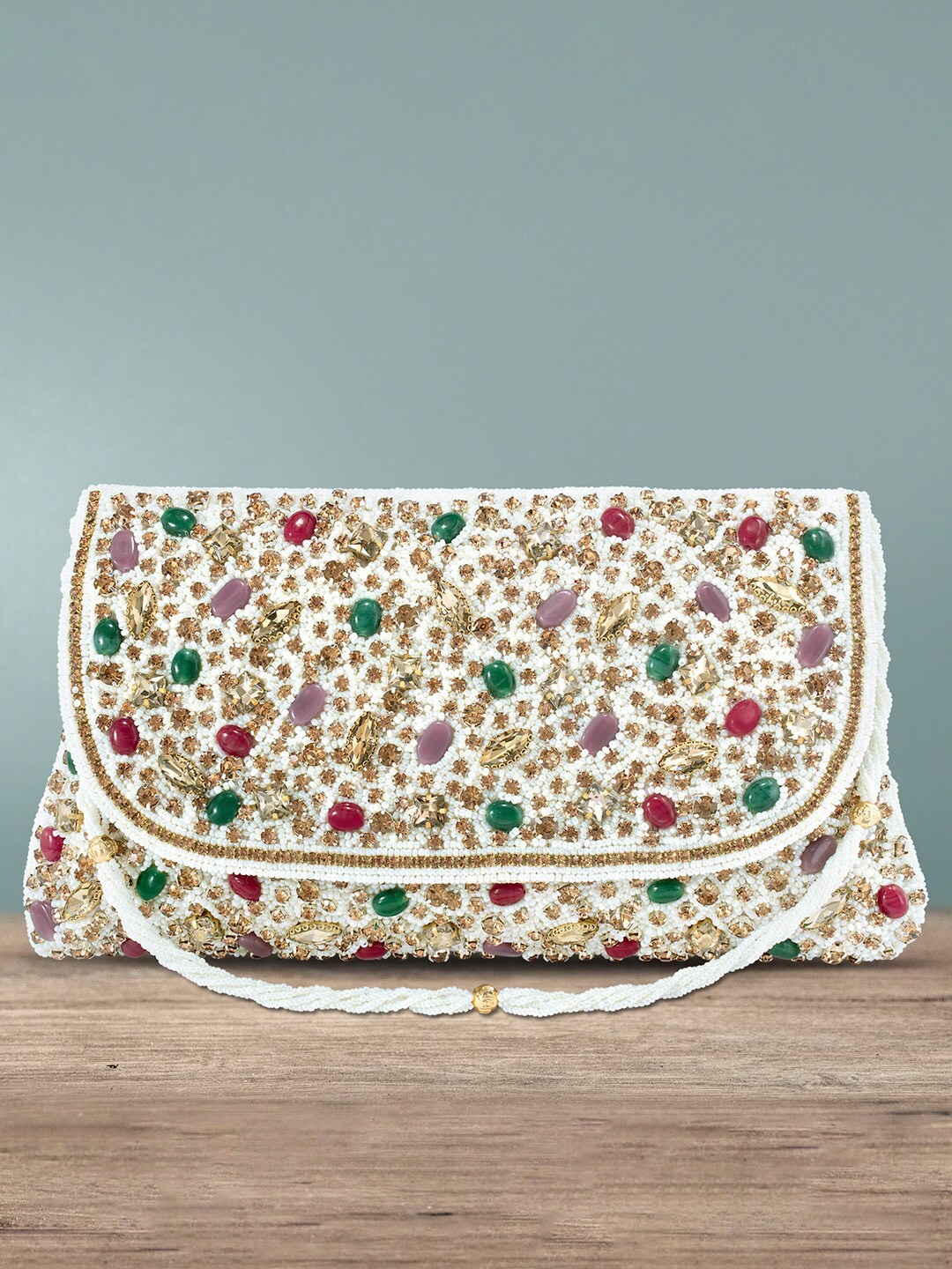 

Peora White & Golden Embellished Handmade Purse Clutch