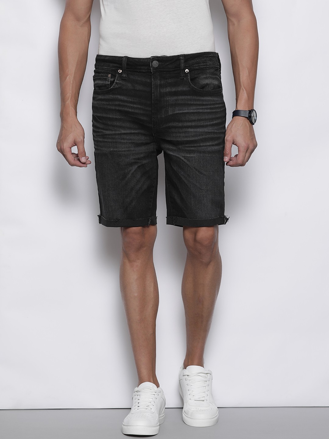 

AMERICAN EAGLE OUTFITTERS Men Black Solid Denim Shorts