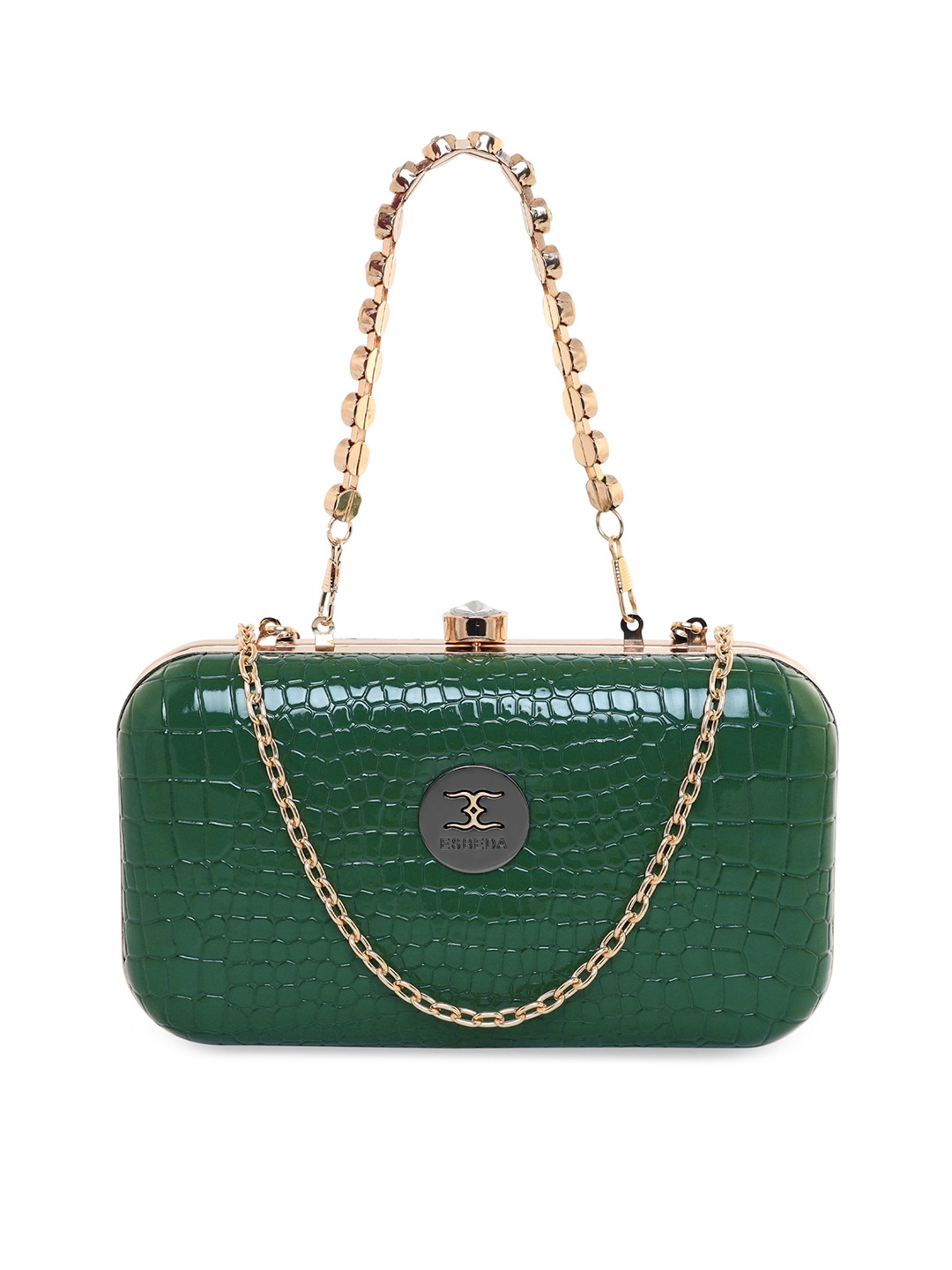 

ESBEDA Green & Gold-Toned Textured Embellished Box Clutch