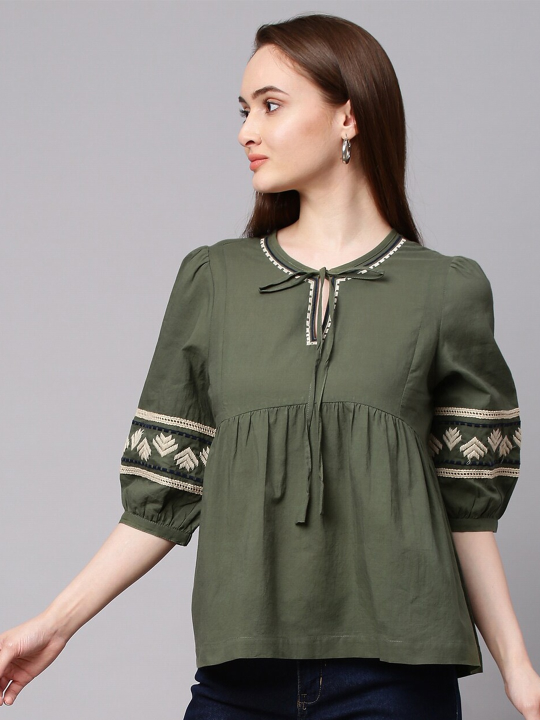 

Chemistry Olive Green Embroidered Top