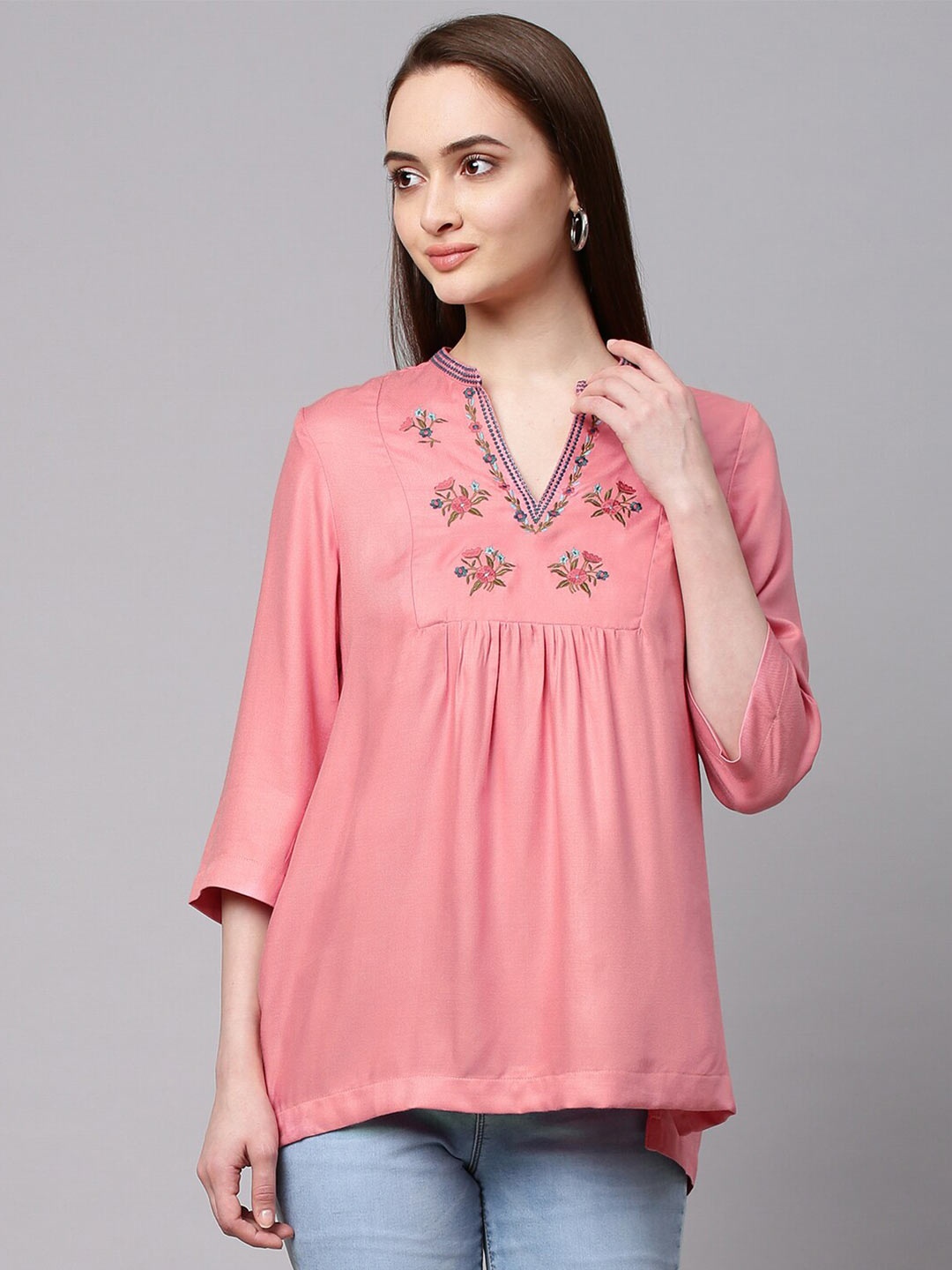 

Chemistry Rose Color Floral Embroidered Mandarin Collar Top
