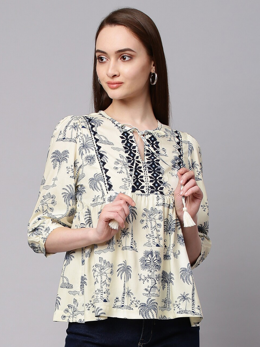 

Chemistry Cream-Coloured & Blue Tropical Printed Embroidered A-line Top